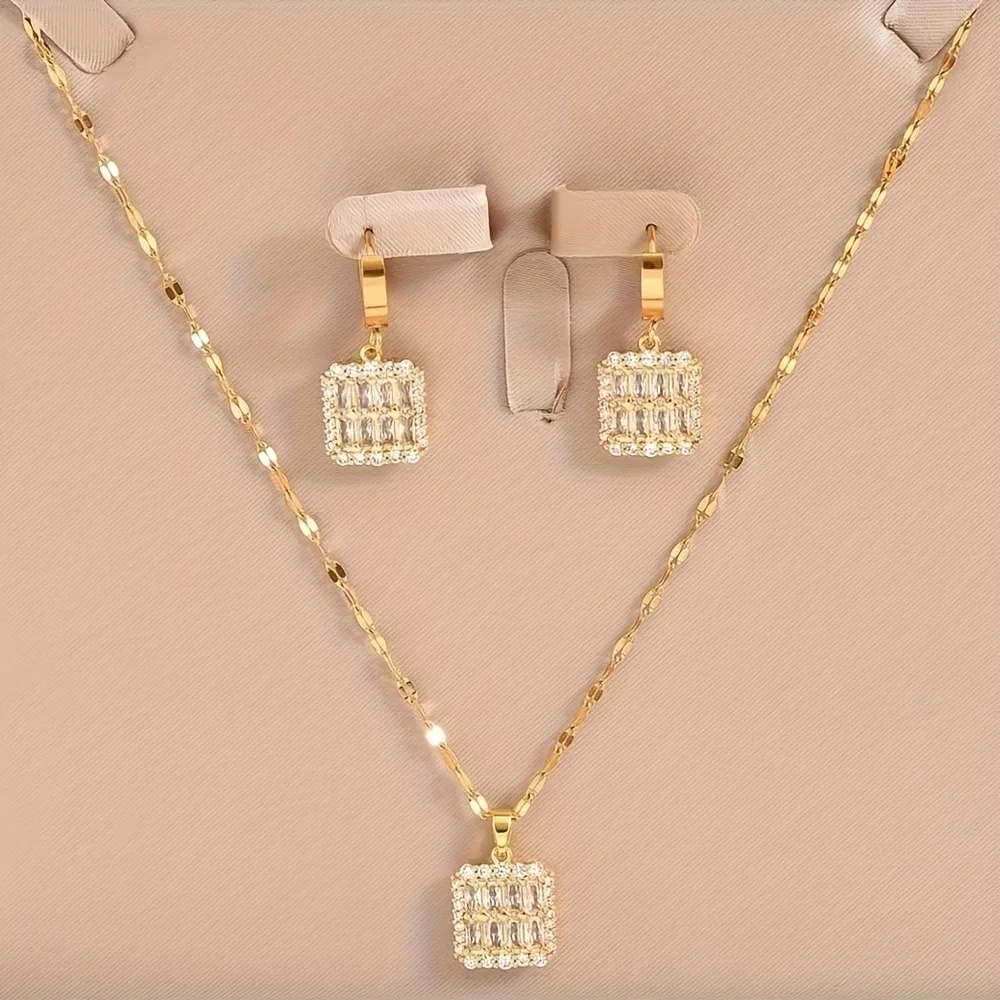 Golden Stainless Steel Earrings + Necklace Jewelry Set, 3pcs/Set - Picture 3 of 5